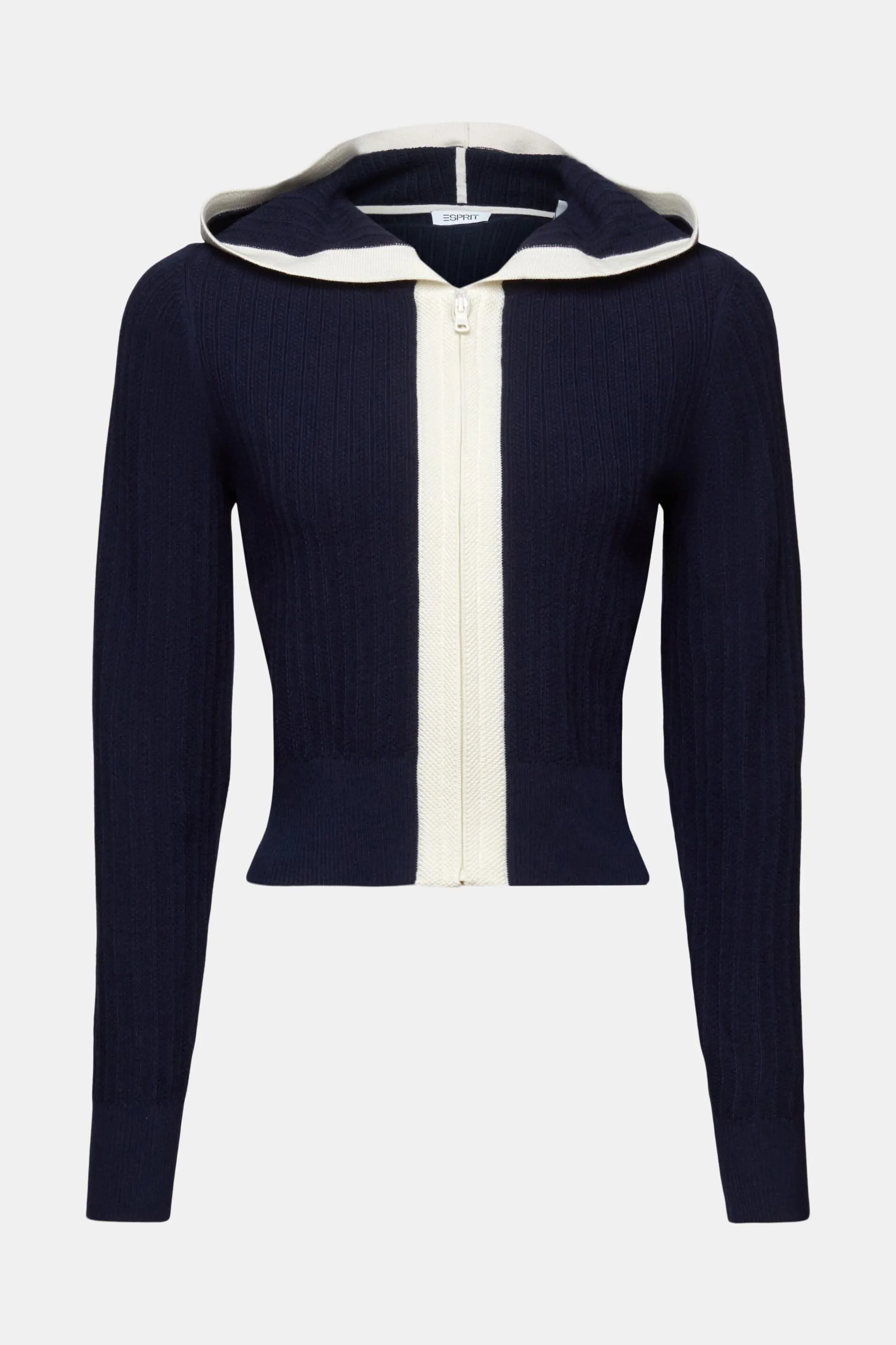 Pullover in maglia a coste con cappuccio e zip